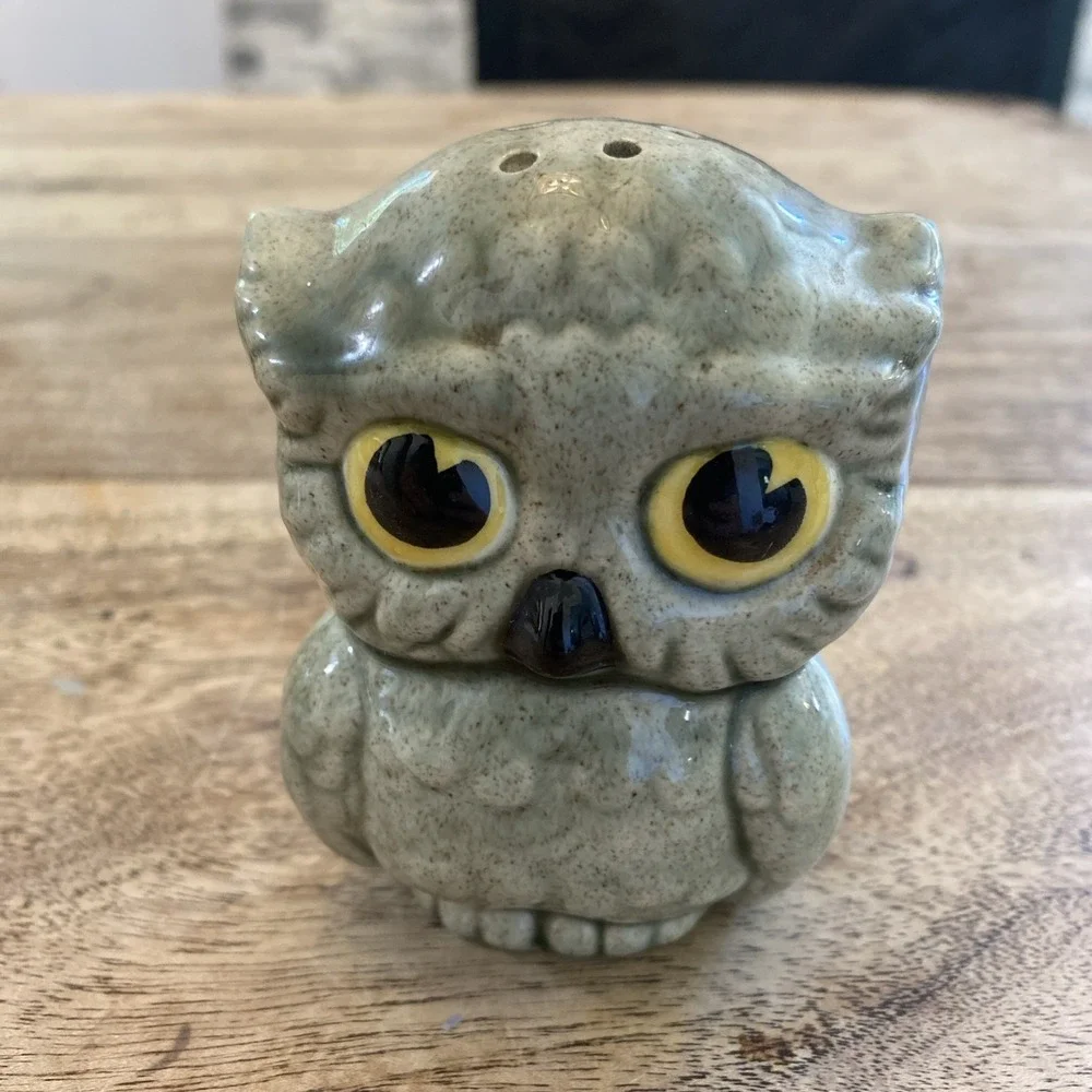 Vintage Salt And Pepper Shakers Set Corky, Charming Owl Stoneware